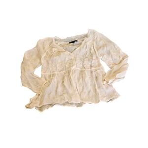 Sanctuary Sheer Embroidered Peasant Blouse Lace Trim Ivory XS Boho Top